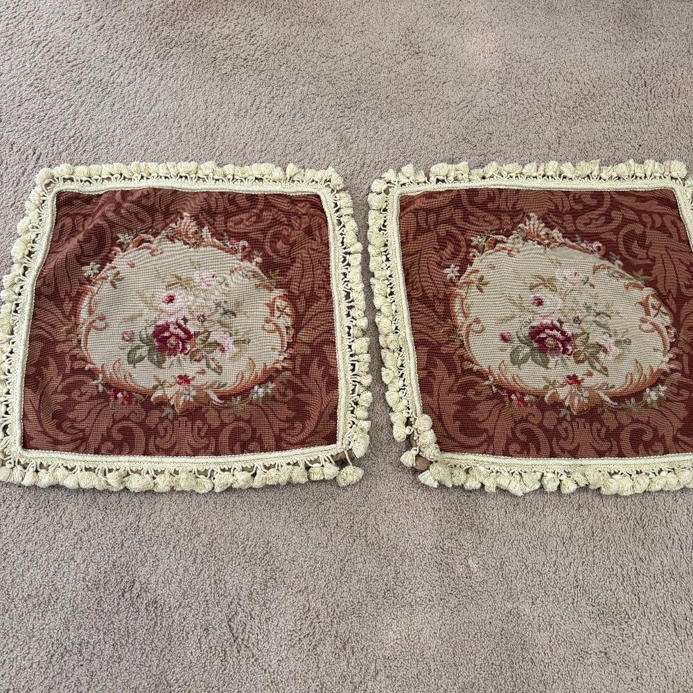 Vintage Ethan Allen Needlepoint Pillow Cover 20" – Handmade Wool, French Country